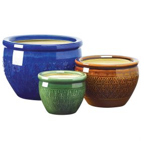 Embossed Jewel Tone Ceramic Planter Set