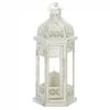Distressed White Metal Lantern with Floral Cutouts - 12 inches