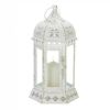 Distressed White Metal Lantern with Floral Cutouts - 10.5 inches