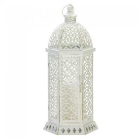 Lacy Cutout Distressed White Candle Lantern - 20 inches